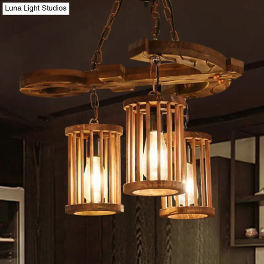 Industrial Wood Chandelier - 3-Light Cylinder Shade Pendant With Chain For Dining Room Lighting