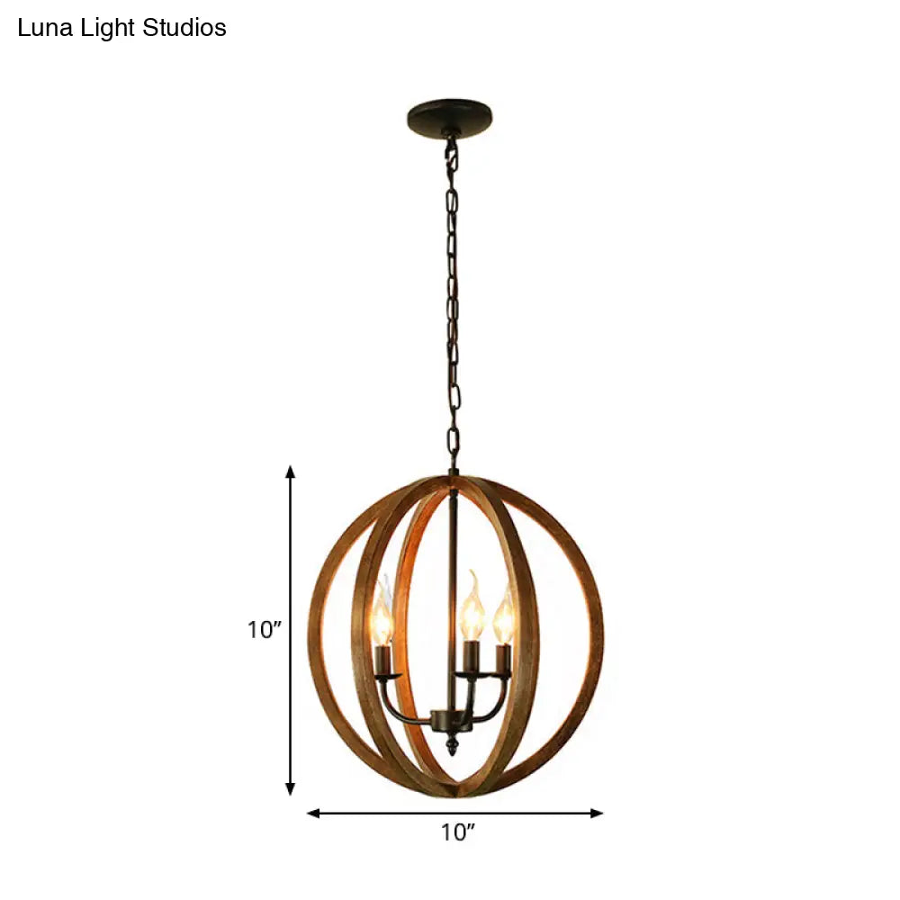 Industrial 3-Light Wooden Sphere Chandelier Pendant For Dining Room In Brown