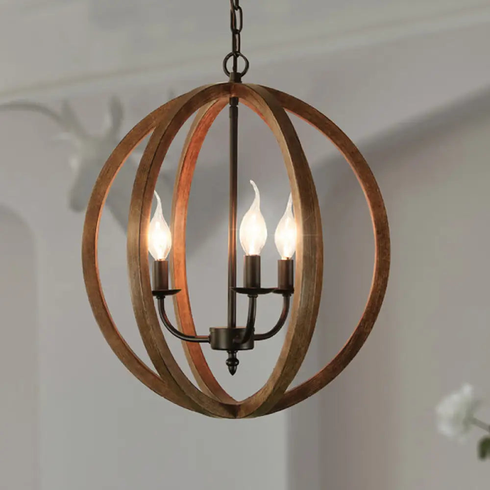 Industrial 3-Light Wooden Sphere Chandelier Pendant For Dining Room In Brown