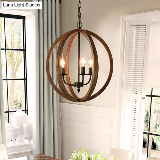 Industrial 3-Light Wooden Sphere Chandelier Pendant For Dining Room In Brown