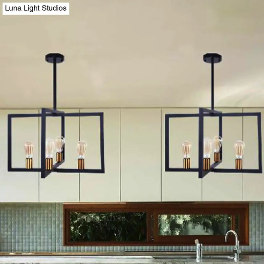 Industrial Rectangular Pendant Lighting: 4-Light Metal Hanging Light In Black For Kitchen