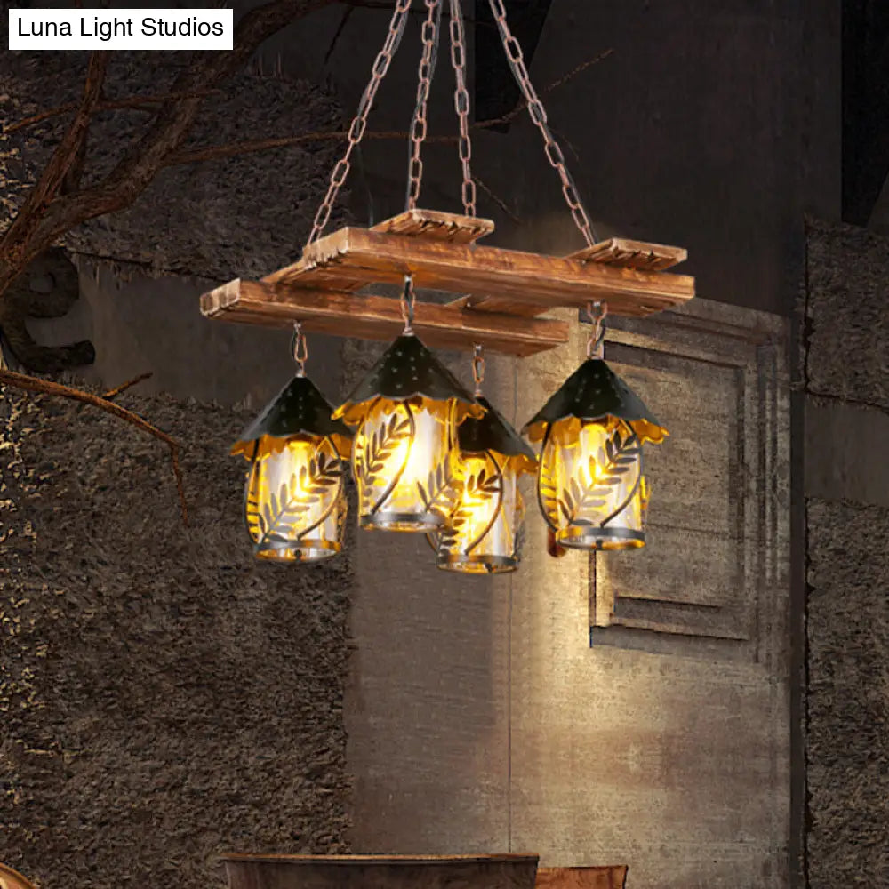 Industrial 4-Light White Fabric/Clear Glass Island Chandelier - Warehouse Pendant With Metal Arm