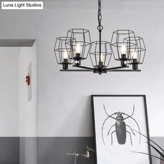 Industrial 5-Light Metal Chandelier Pendant Lamp In Black