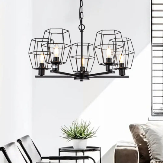 Industrial 5-Light Metal Chandelier Pendant Lamp In Black