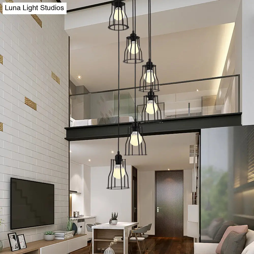 Iron Wire Cage Ceiling Light - Industrial 6 Head Stair Pendant Lamp In Black