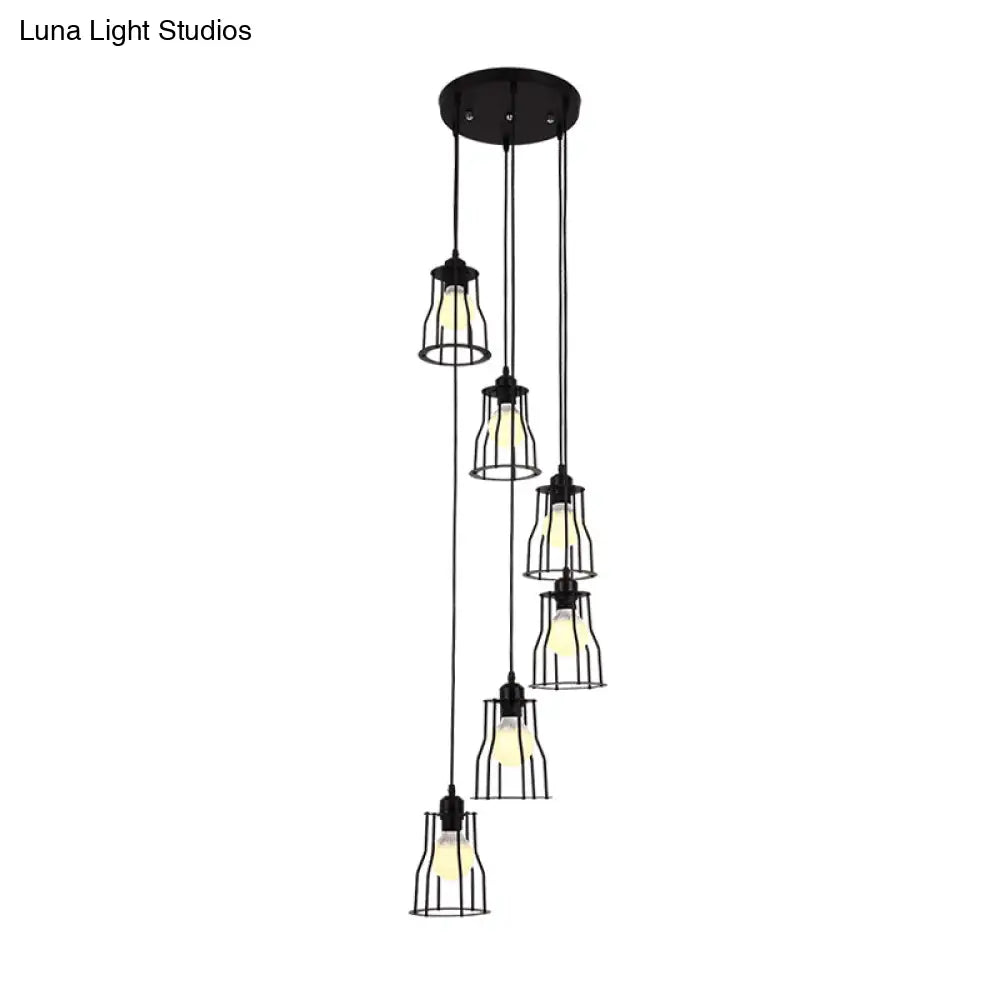 Industrial 6-Head Stair Suspended Pendant Lamp - Iron Wire Cage Multi Ceiling Light In Black