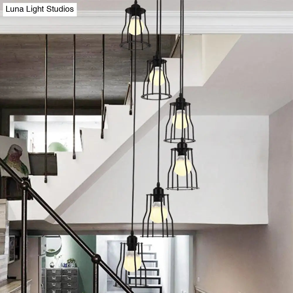 Iron Wire Cage Ceiling Light - Industrial 6 Head Stair Pendant Lamp In Black