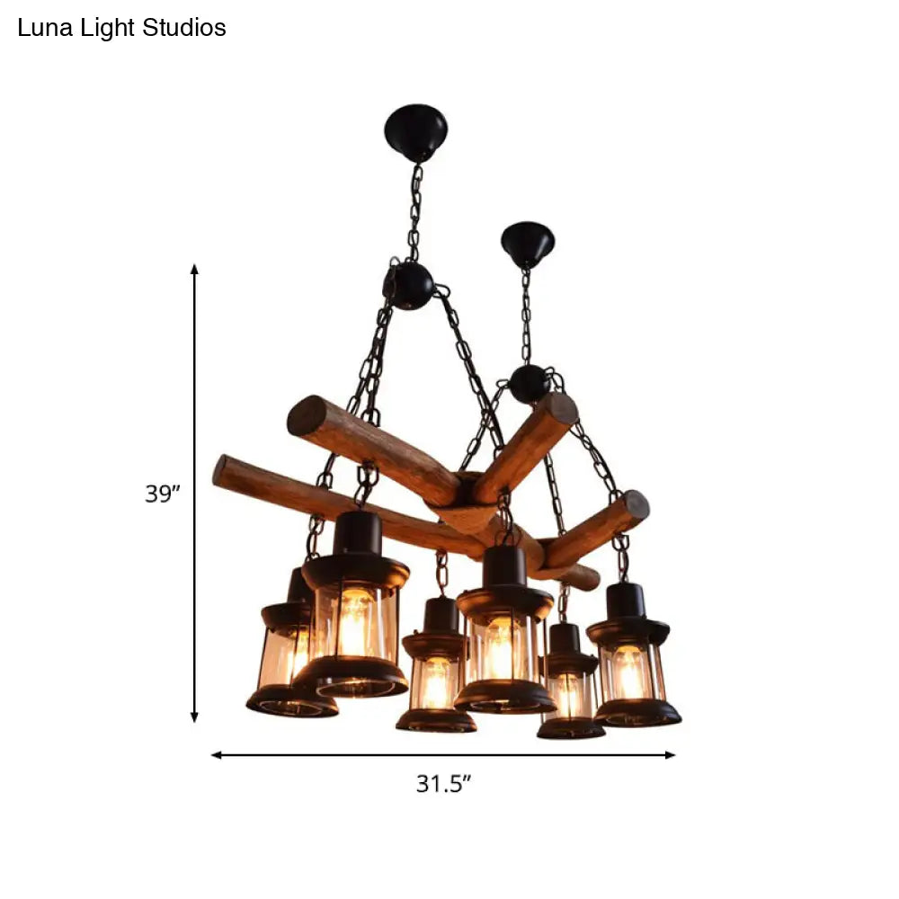 Industrial Wood Pendant Chandelier With 6 Heads For Restaurant Lighting
