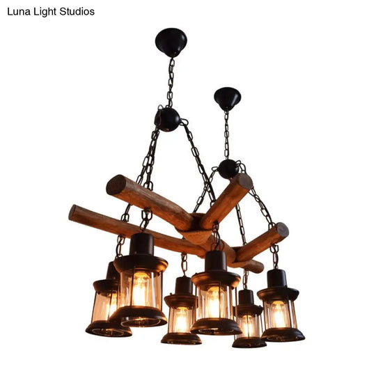 Industrial Wood Pendant Chandelier With 6 Heads For Restaurant Lighting