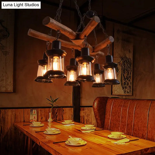 Industrial 6-Head Wood Pendant Lantern For Restaurant Chandelier
