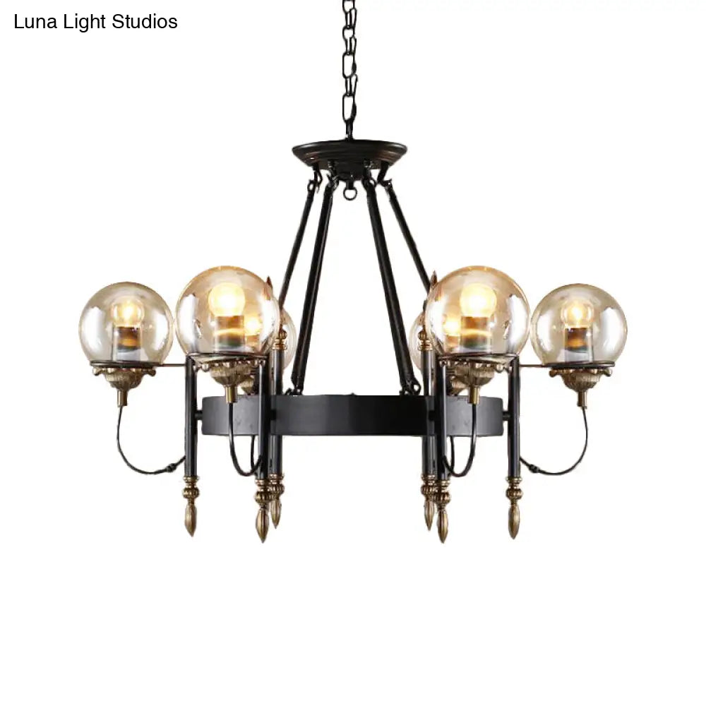 Industrial 6-Light Clear Glass Globe Chandelier With Clock Detail - Modern Pendant Light For Living