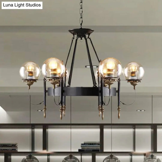 Industrial 6-Light Clear Glass Globe Chandelier With Clock Detail - Modern Pendant Light For Living