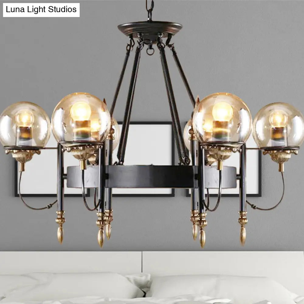 Industrial 6-Light Clear Glass Globe Chandelier With Clock Detail - Modern Pendant Light For Living