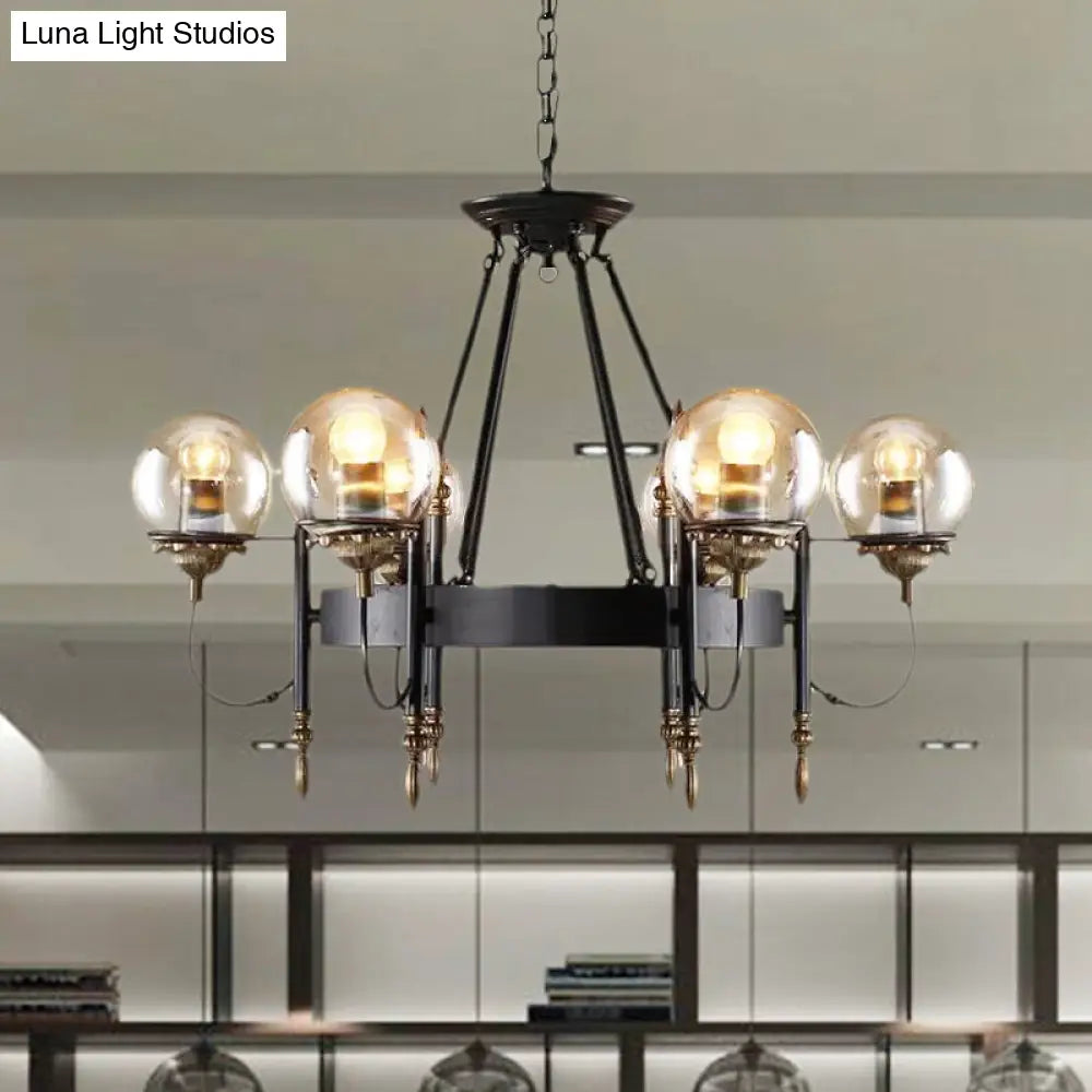 Modern 6-Light Industrial Hanging Chandelier - Clear Glass Globe Pendant Light With Clock Design