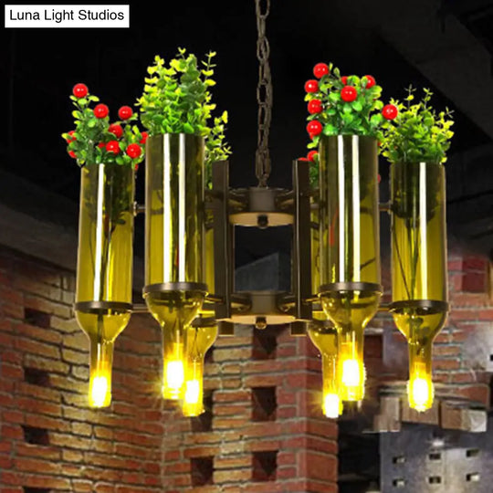 Industrial 6-Light Wine Bottle Green Glass Chandelier Pendant For Dining Room With Flower Detail