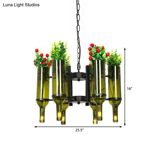 Industrial 6-Light Green Glass Wine Bottle Chandelier: Dining Room Pendant Lighting With Floral