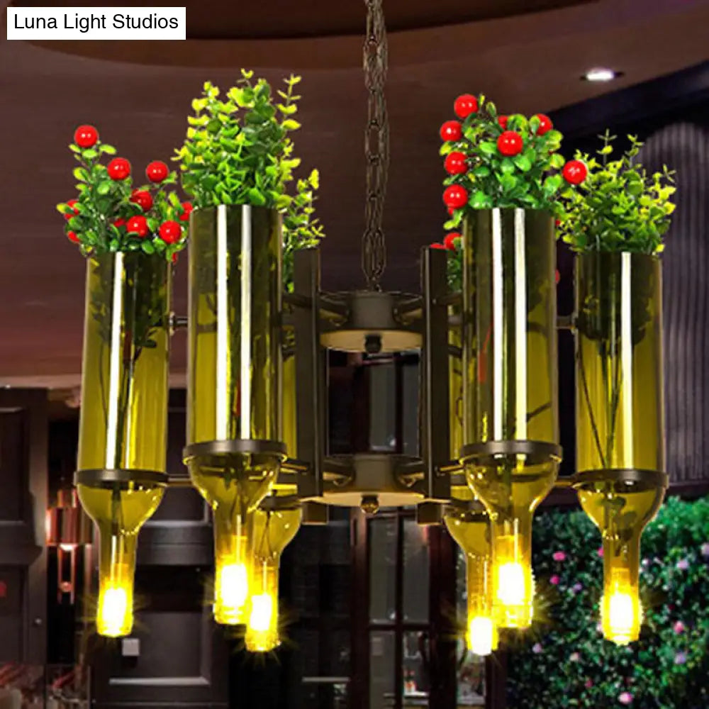 Industrial 6-Light Wine Bottle Green Glass Chandelier Pendant For Dining Room With Flower Detail