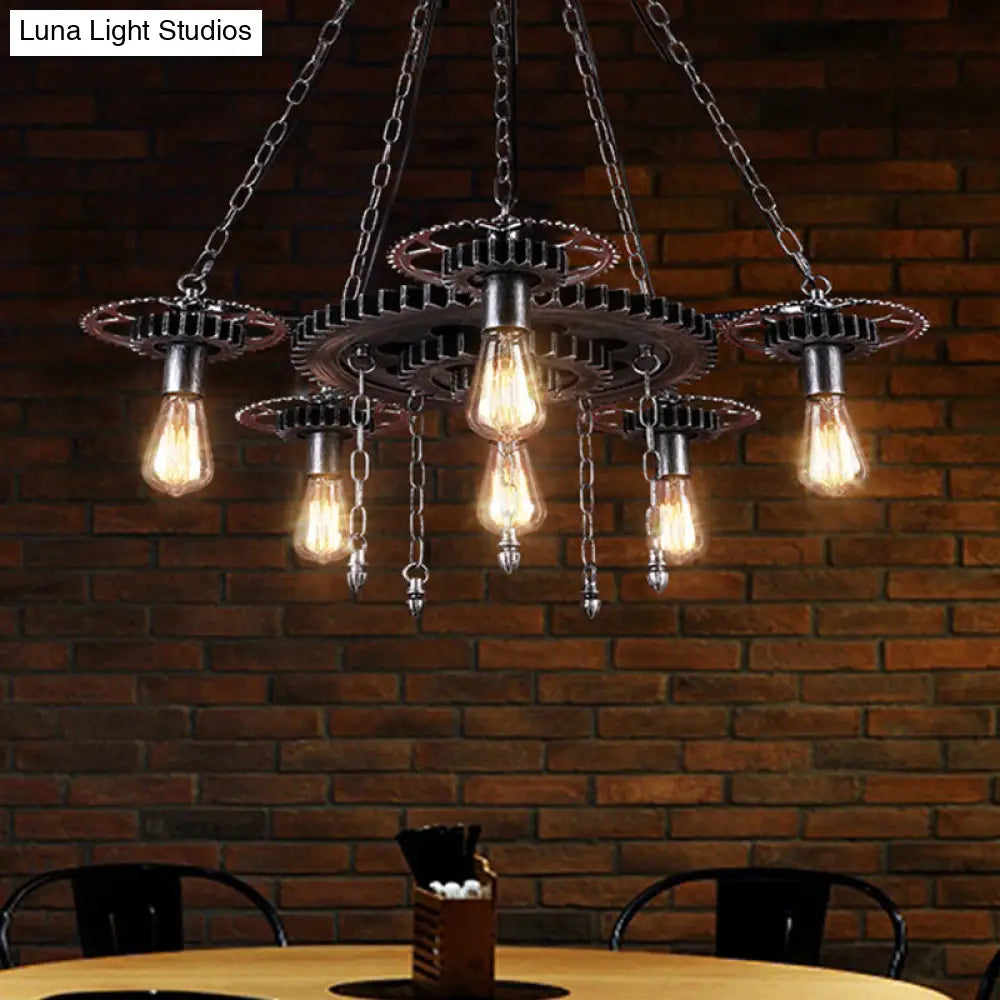 Industrial 6-Light Metal Chandelier With Exposed Bulbs - Silver/Bronze Pendant Lighting For Dining