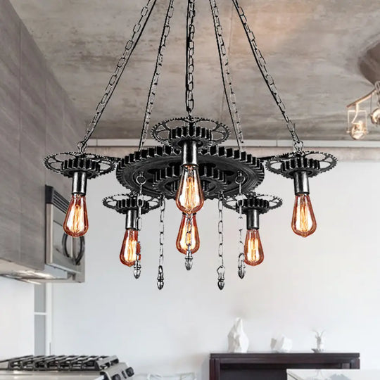 Industrial 6-Light Metal Chandelier With Exposed Bulbs - Silver/Bronze Pendant Lighting For Dining