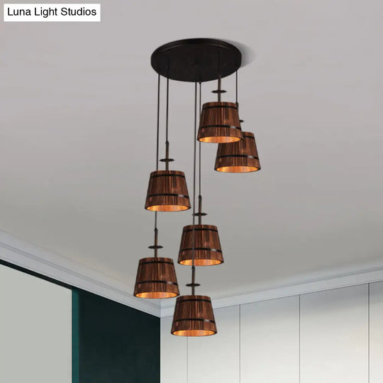 Industrial 6-Light Wooden Tapered Shade Pendant Light In Brown For Coffee Shop