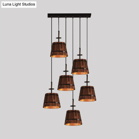 Industrial 6-Light Wooden Tapered Shade Pendant Light In Brown For Coffee Shop