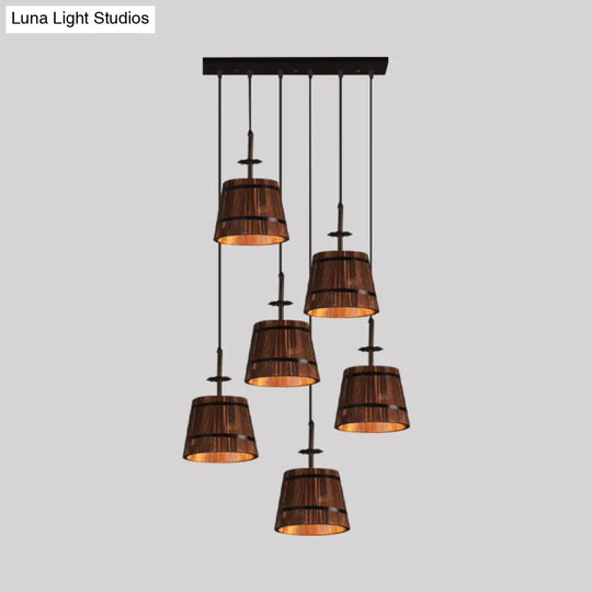 Industrial 6-Light Wooden Pendant For Coffee Shops - Tapered Brown Shades