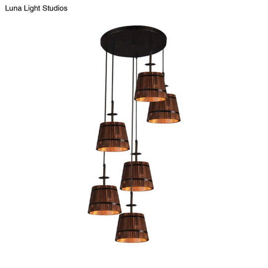 Industrial 6-Light Wooden Tapered Shade Pendant Light In Brown For Coffee Shop