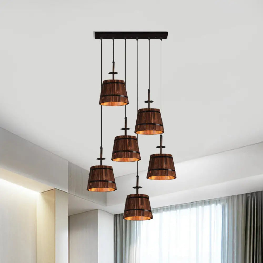 Industrial 6-Light Wooden Tapered Shade Pendant Light In Brown For Coffee Shop Black / Linear