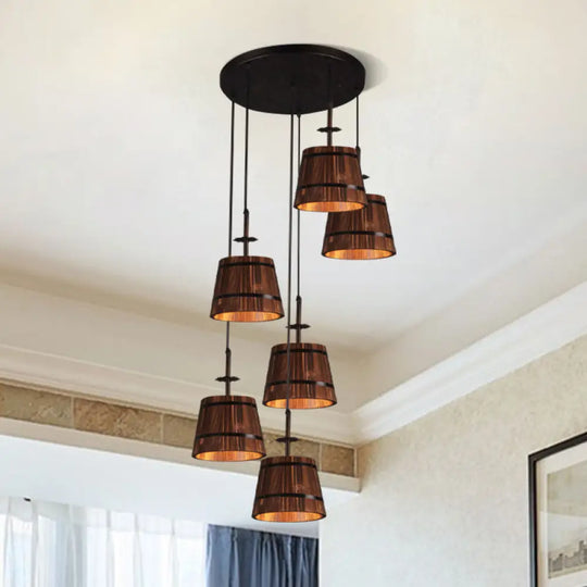 Industrial 6-Light Wooden Tapered Shade Pendant Light In Brown For Coffee Shop Black / Round
