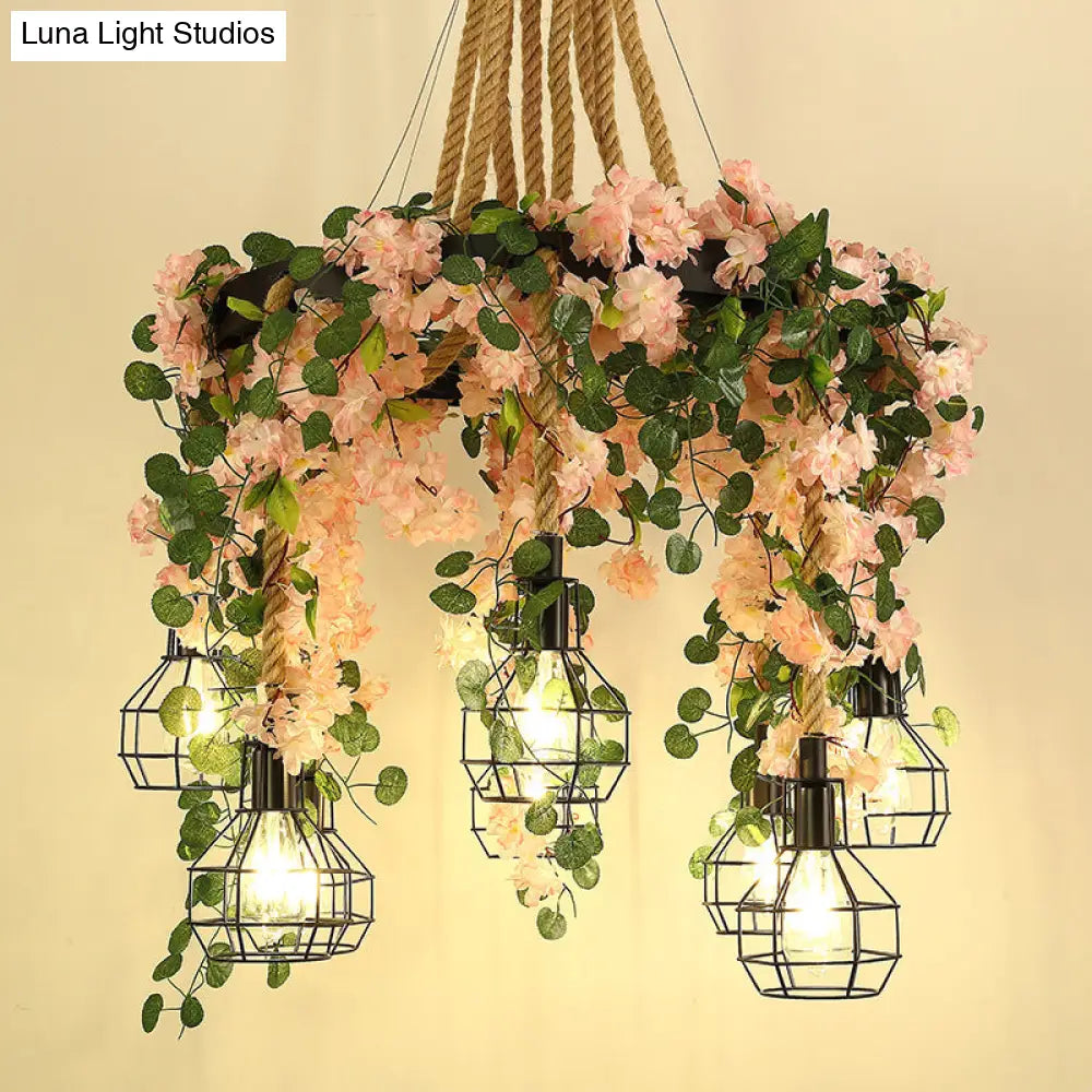 Industrial 8-Bulb Cluster Pendant Light - Hemp Rope Led Flower Hanging Lamp Kit In Black