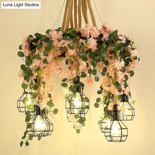 Industrial 8-Bulb Cluster Pendant Light - Hemp Rope Led Flower Hanging Lamp Kit In Black