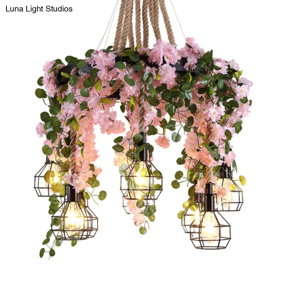 Industrial 8-Bulb Cluster Pendant Light - Hemp Rope Led Flower Hanging Lamp Kit In Black