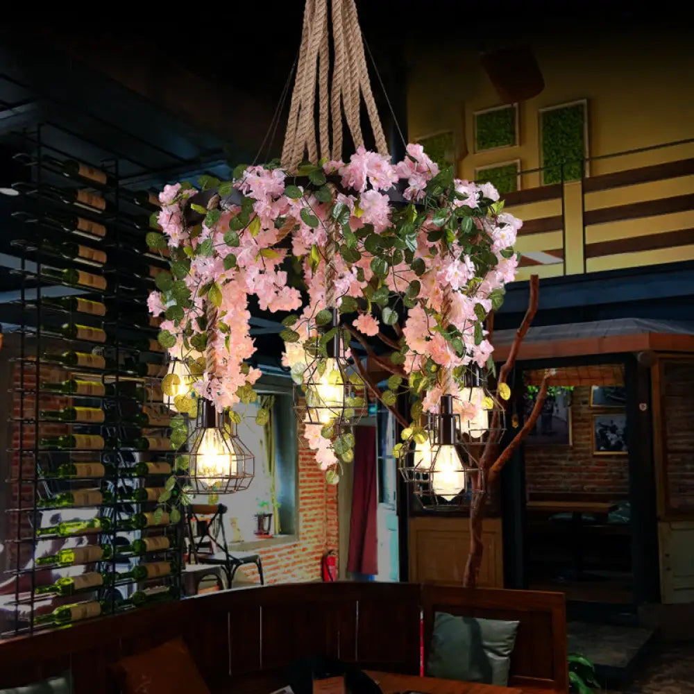 Industrial 8-Bulb Cluster Pendant Light - Hemp Rope Led Flower Hanging Lamp Kit In Black