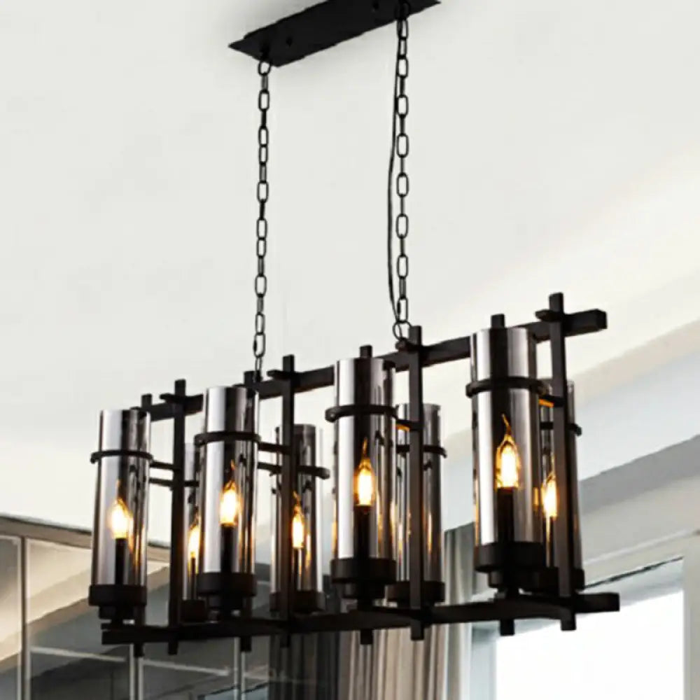 Industrial 8-Light Pendant Lamp In Smoked Glass And Black - Cylinder Chandelier Fixture