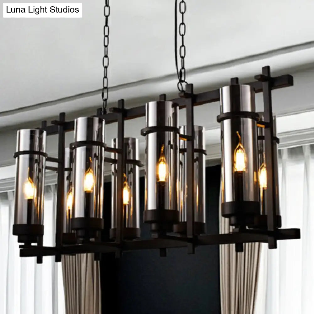 Industrial 8-Light Pendant Lamp In Smoked Glass And Black - Cylinder Chandelier Fixture