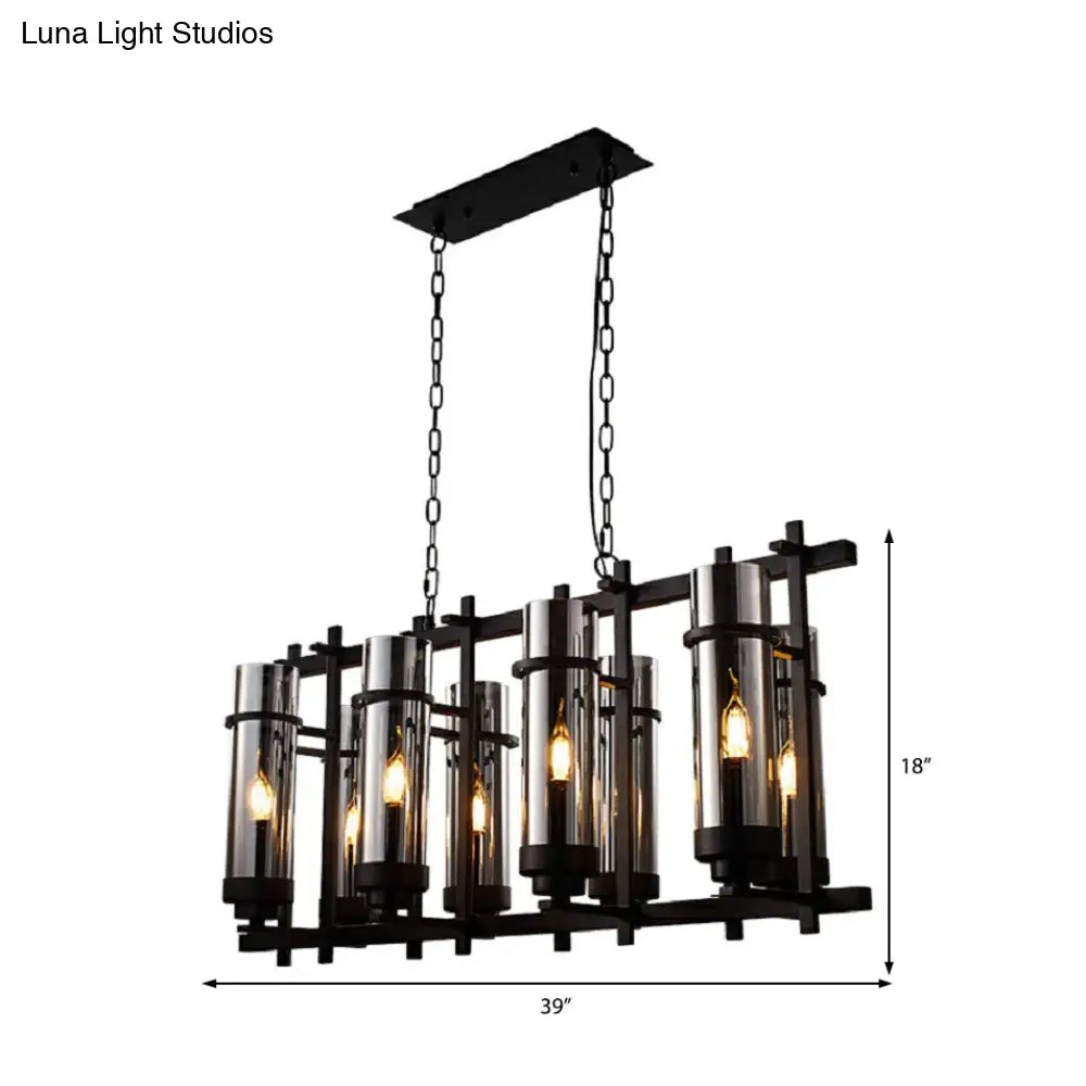 Industrial Black Glass Pendant Lamp 8-Light Smoked Cylinder Chandelier Fixture