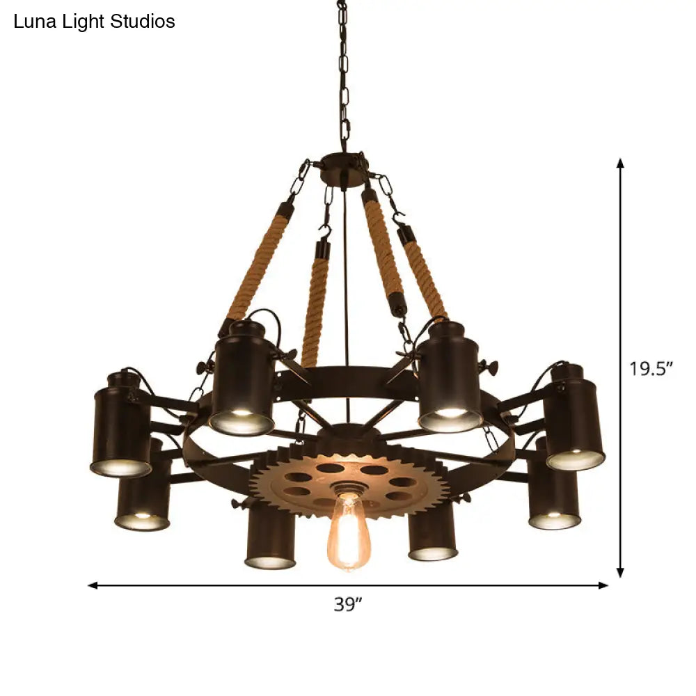 Industrial Adjustable Chandelier Pendant With 8 Lights Black/Rust Wheel Design Restaurant Ceiling