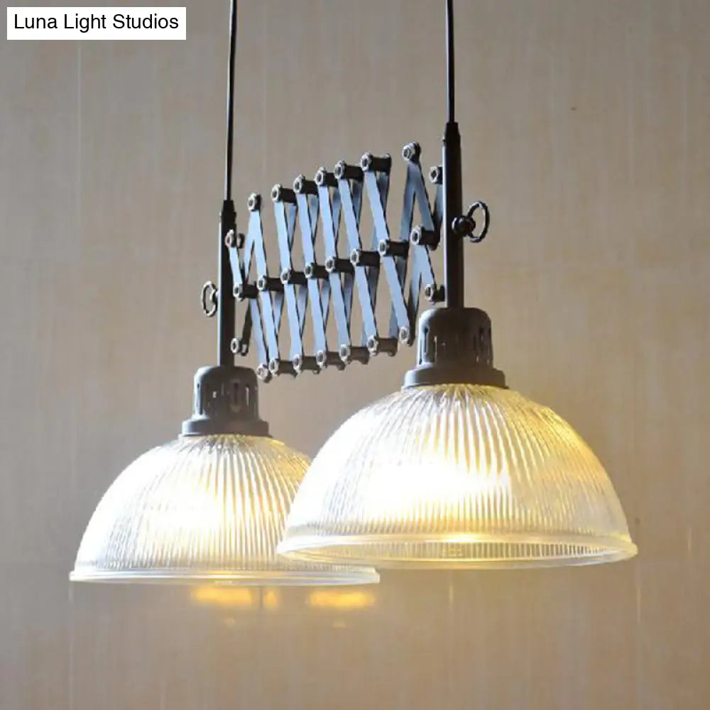 Industrial Adjustable Dome Shade Pendant - 2-Light Hanging Light With Clear/Opal Prismatic Glass