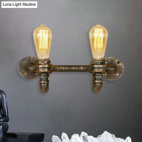 Industrial Aged Brass 2-Light Wall Sconce With Rustic Wrought Iron Design - Exposed Mount