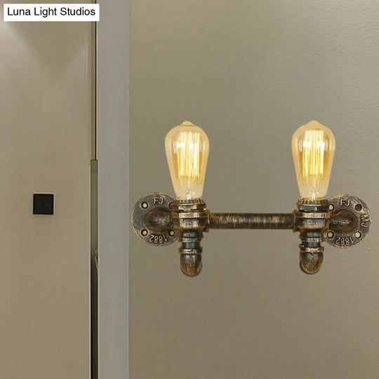 Industrial Aged Brass 2-Light Wall Sconce With Rustic Wrought Iron Design - Exposed Mount