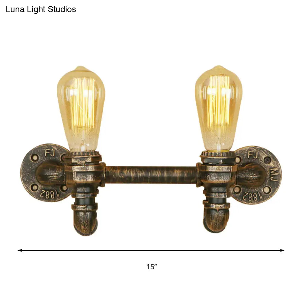 Industrial Aged Brass 2-Light Wall Sconce With Rustic Wrought Iron Design - Exposed Mount