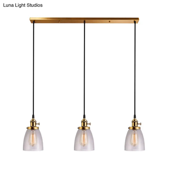 Industrial Clear Glass Dining Room Pendant Light Fixture - Aged Brass 3-Light