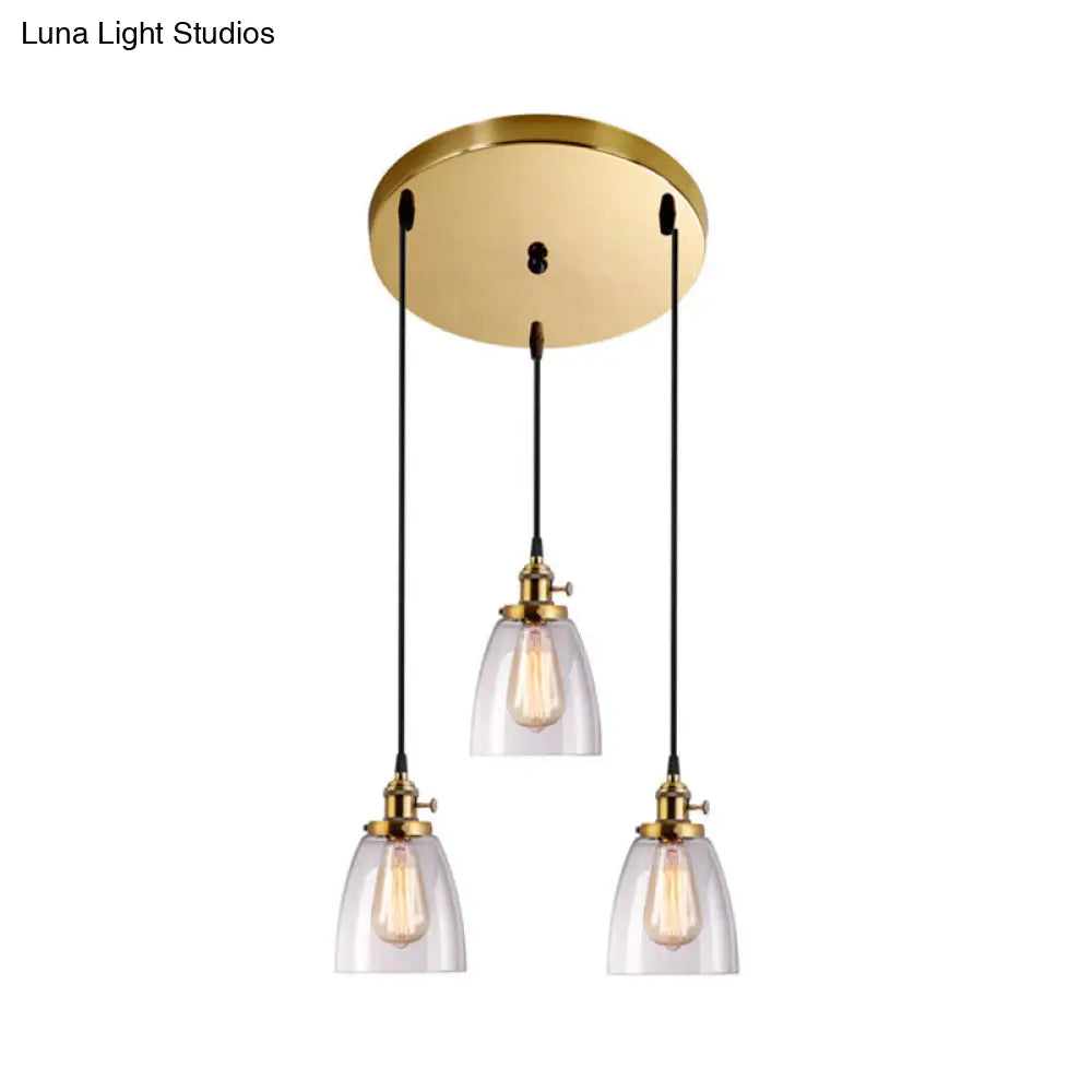 Industrial Clear Glass Dining Room Pendant Light Fixture - Aged Brass 3-Light