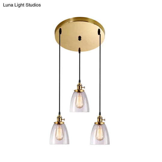 Industrial Clear Glass Dining Room Pendant Light Fixture - Aged Brass 3-Light