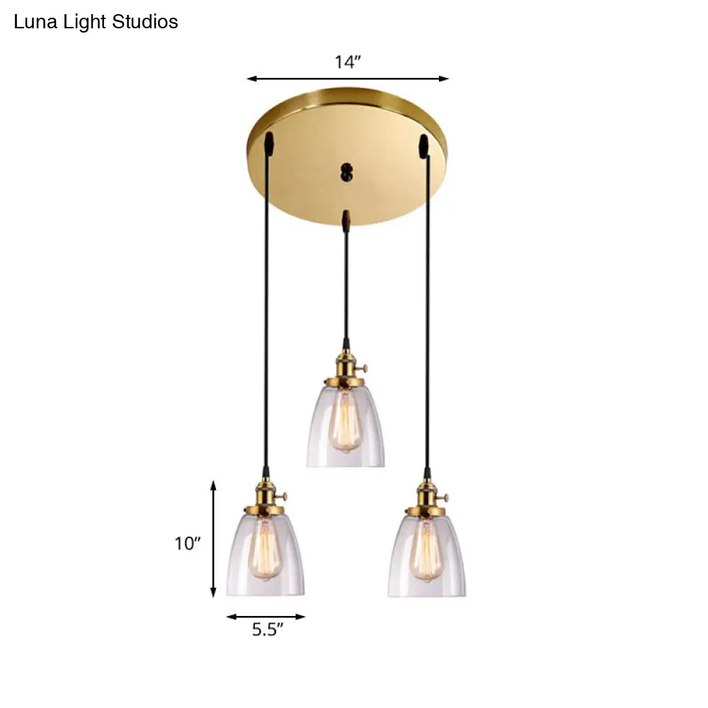 Industrial Clear Glass Dining Room Pendant Light Fixture - Aged Brass 3-Light