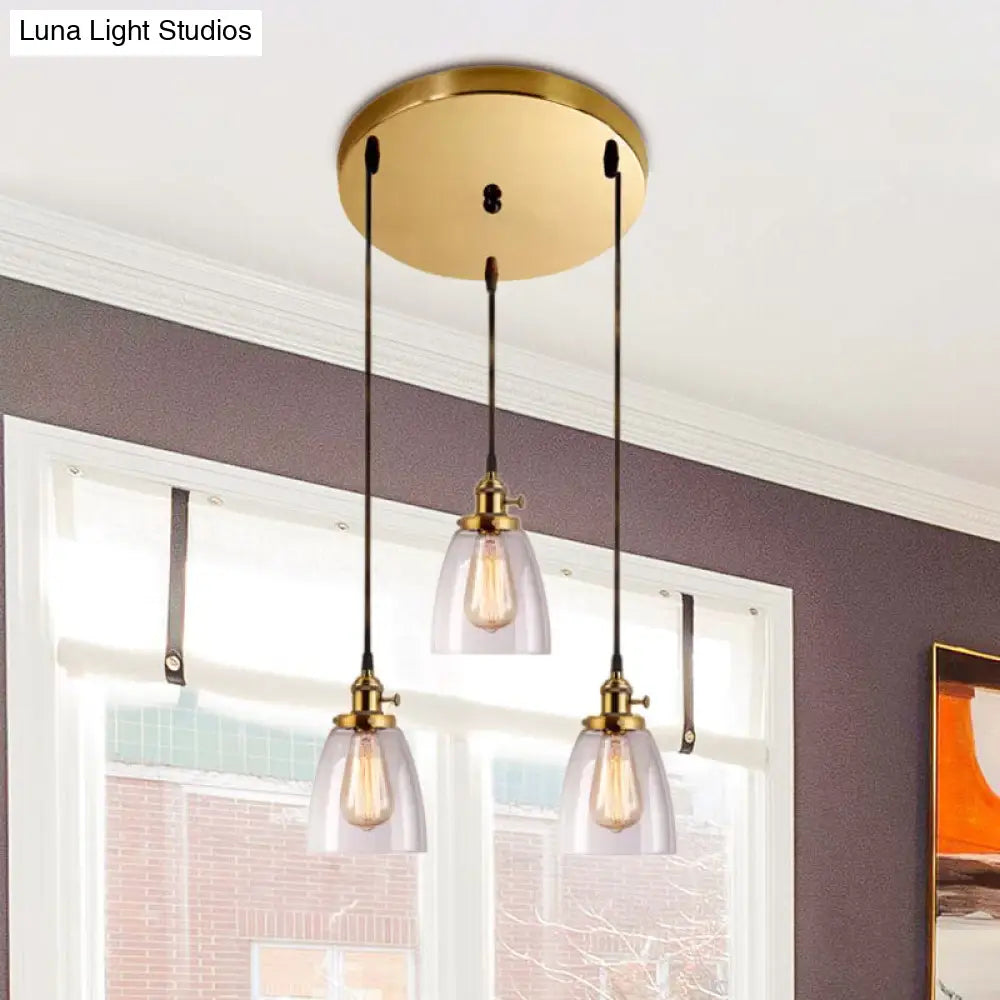 Industrial Aged Brass Dining Room Pendant Light Fixture With Tapered Clear Glass Shades - 3-Light