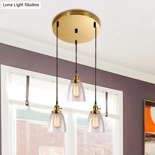 Industrial Clear Glass Dining Room Pendant Light Fixture - Aged Brass 3-Light