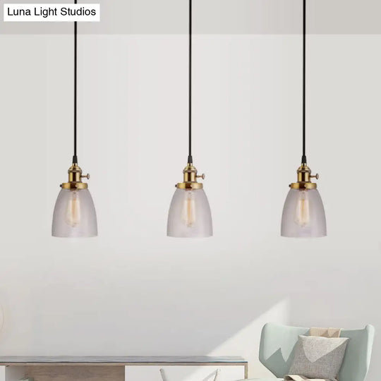 Industrial Aged Brass Dining Room Pendant Light Fixture With Tapered Clear Glass Shades - 3-Light