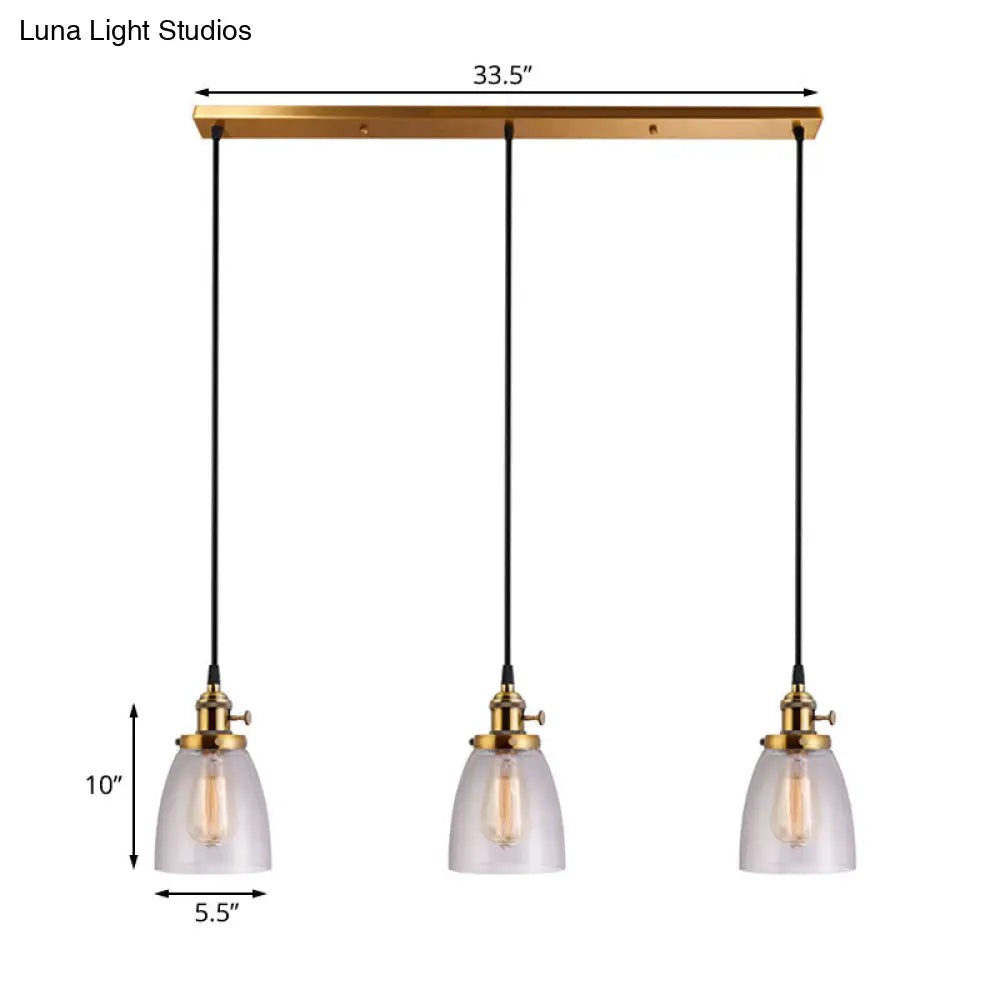 Industrial Aged Brass Dining Room Pendant Light Fixture With Tapered Clear Glass Shades - 3-Light