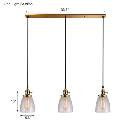 Industrial Aged Brass Dining Room Pendant Light Fixture With Tapered Clear Glass Shades - 3-Light